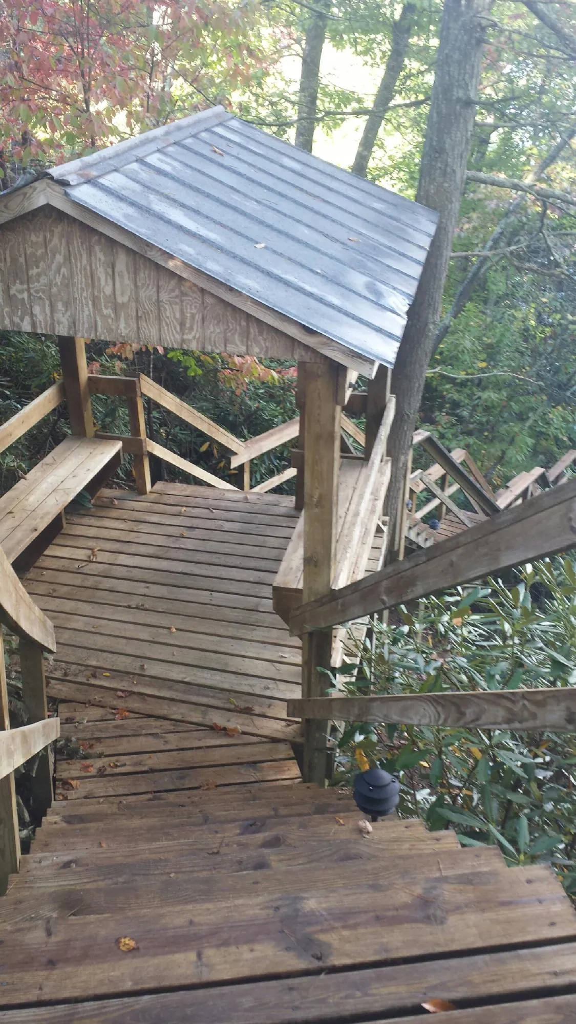 Metal roofed shelter over wooden steps on a wooded walkway — Skylight Repair & Installation work by our crew in Harmony